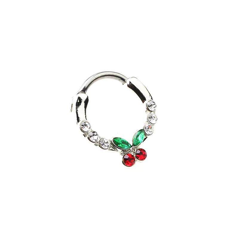 Silvertone CZ Cherry Hinged Septum Ring - 16 Gauge