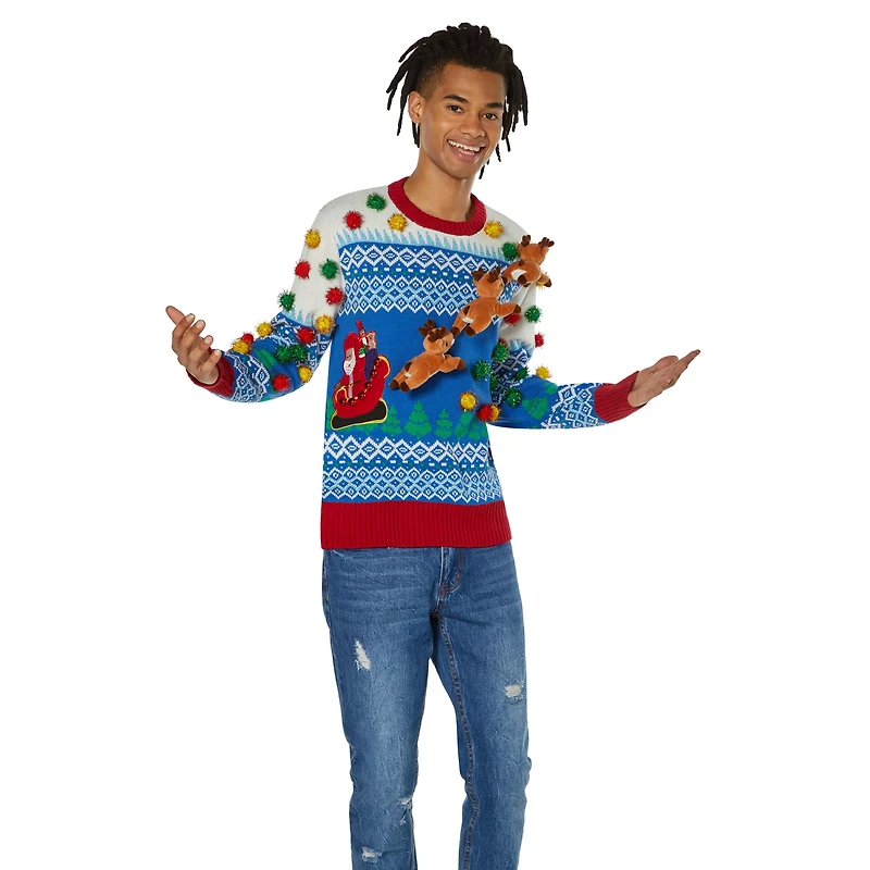 Light-Up 3D Santa Sleigh Ugly Christmas Sweater