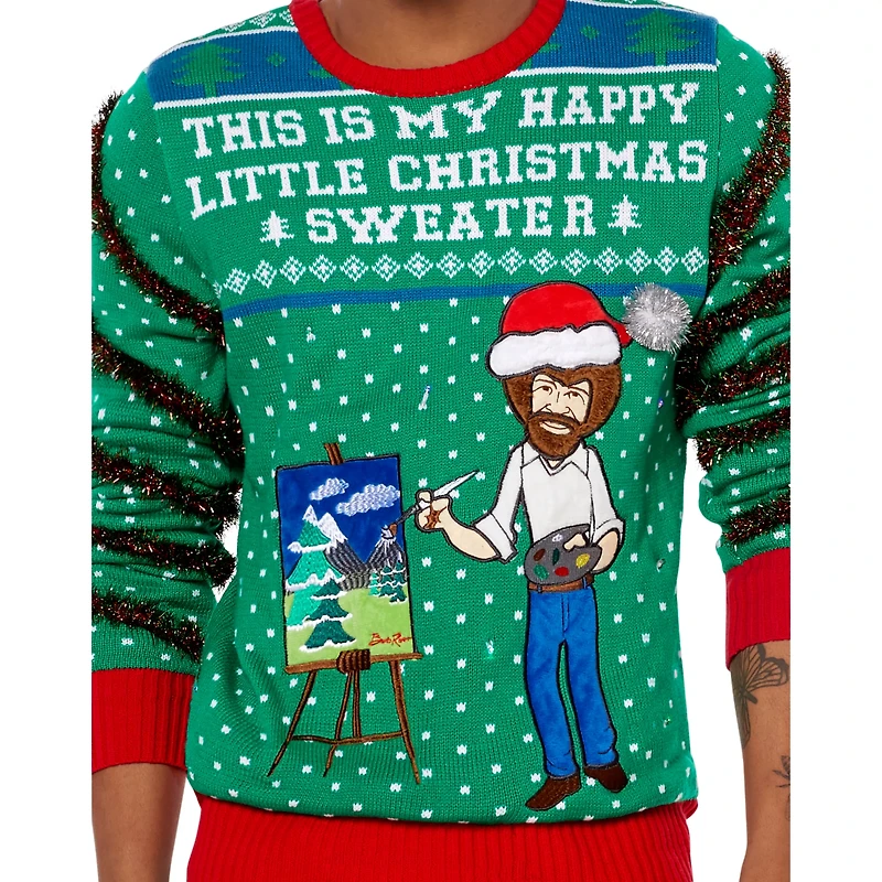 Light-Up Bob Ross Happy Little Christmas Ugly Sweater