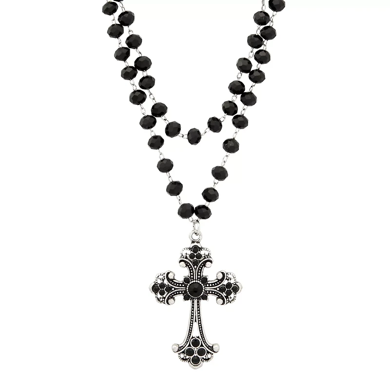Beaded Black Cross Pendant Necklace