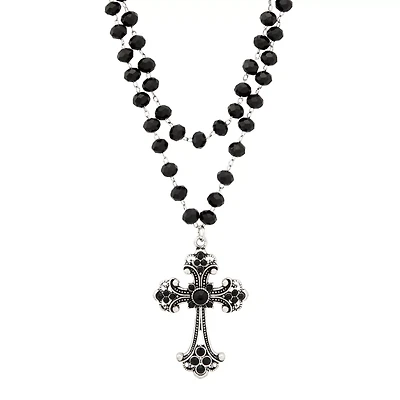 Beaded Black Cross Pendant Necklace