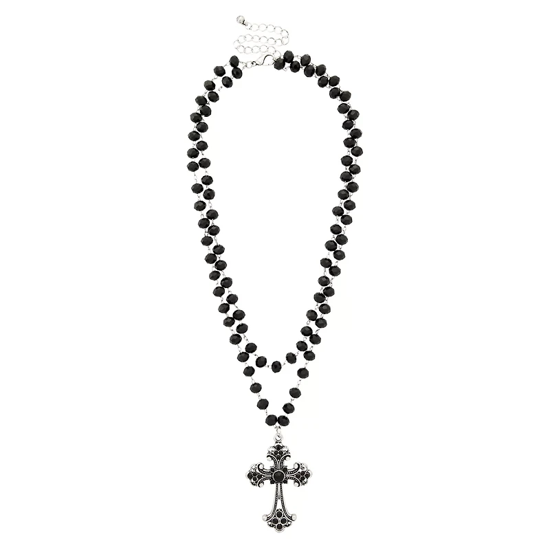 Beaded Black Cross Pendant Necklace