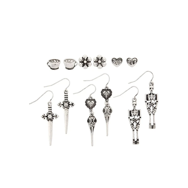 Multi-Pack Flower, Coffee, and Skeleton Stud and Dangle Earrings - 6 Pair