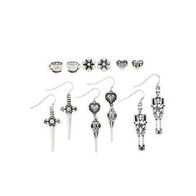 Multi-Pack Flower, Coffee, and Skeleton Stud and Dangle Earrings - 6 Pair