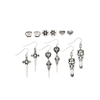 Multi-Pack Flower, Coffee, and Skeleton Stud and Dangle Earrings - 6 Pair