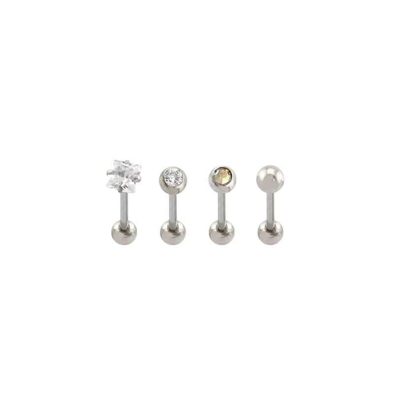 Multi-Pack CZ Silvertone Bezel and Prong Barbells 4 Pack - 14 Gauge