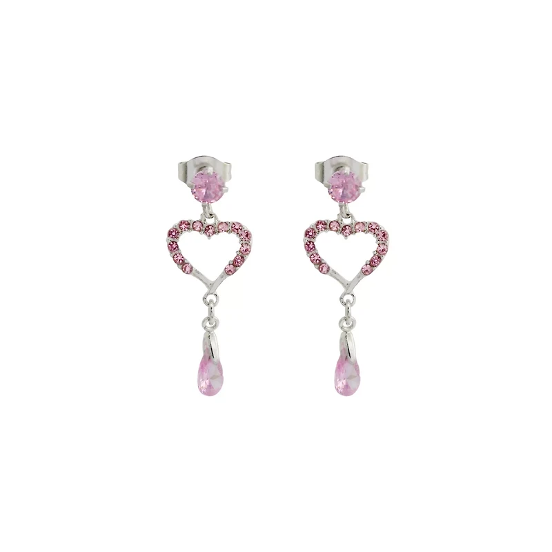 Silvertone and Pink CZ Heart Dangle Stud Earrings