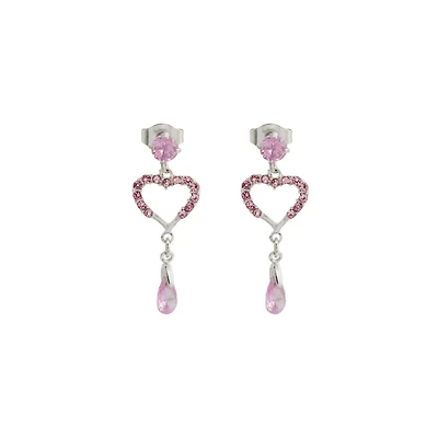 Silvertone and Pink CZ Heart Dangle Stud Earrings