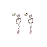 Silvertone and Pink CZ Heart Dangle Stud Earrings
