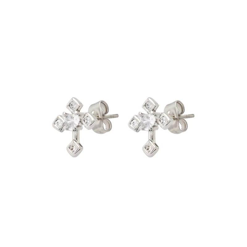 CZ Silvertone Cross Stud Earrings
