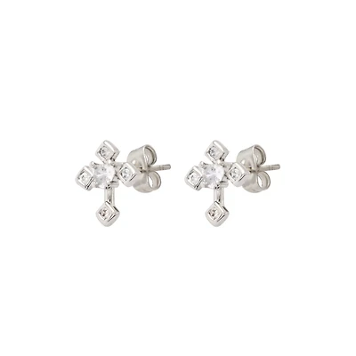 CZ Silvertone Cross Stud Earrings