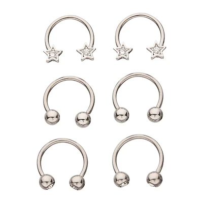 Multi-Pack CZ Star Silvertone Horseshoe Rings 6 Pack - 16 Gauge