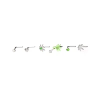 Multi-Pack CZ Heart and Weed Leaf L-Bend Nose Pins 6 Pack - 20 Gauge