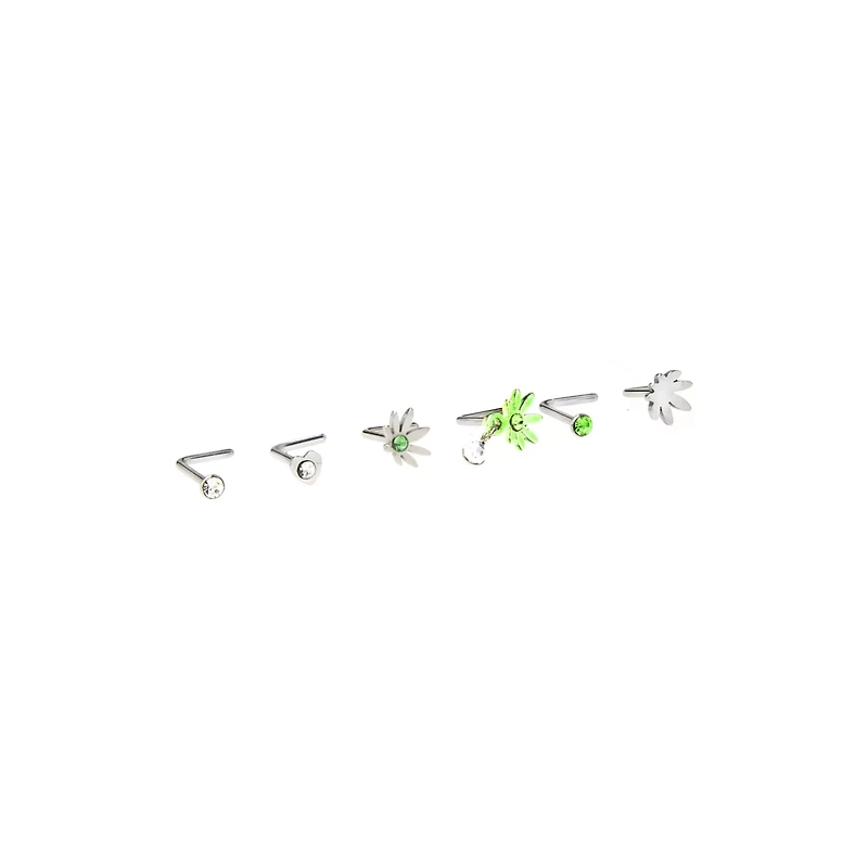 Multi-Pack CZ Heart and Weed Leaf L-Bend Nose Pins 6 Pack - 20 Gauge