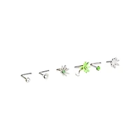 Multi-Pack CZ Heart and Weed Leaf L-Bend Nose Pins 6 Pack - 20 Gauge