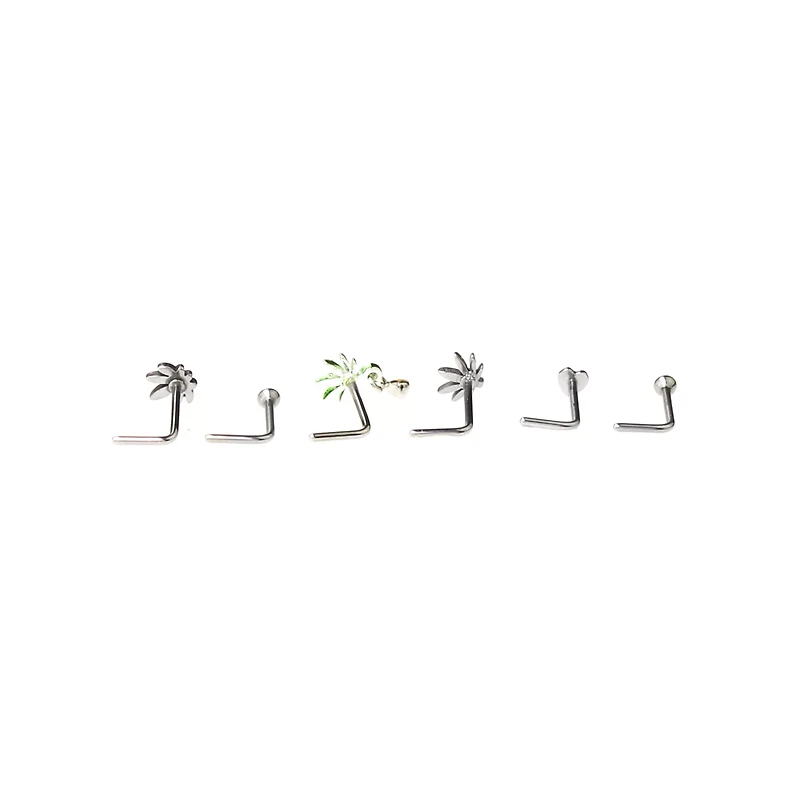 Multi-Pack CZ Heart and Weed Leaf L-Bend Nose Pins 6 Pack - 20 Gauge