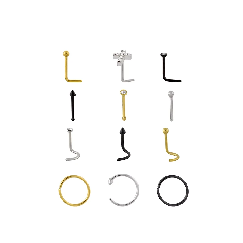 Multi-Pack CZ Cross Goldtone and Black Nose Rings 12 Pack - 20 Gauge