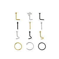 Multi-Pack CZ Cross Goldtone and Black Nose Rings 12 Pack - 20 Gauge