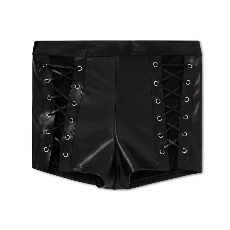 Black Faux Leather Lace-Up Booty Shorts