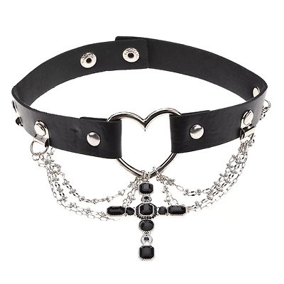 Black Heart Draped Cross Choker Necklace