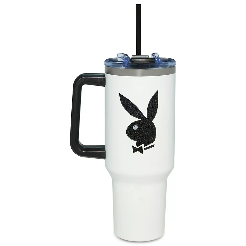 Playboy Black Rhinestone Bunny Travel Tumbler with Straw - 40 oz.