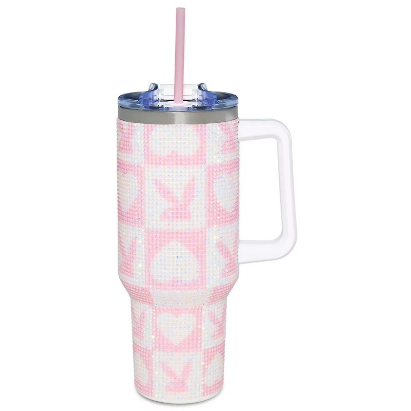 Playboy Pink and White Rhinestone Travel Tumbler with Straw - 40 oz.