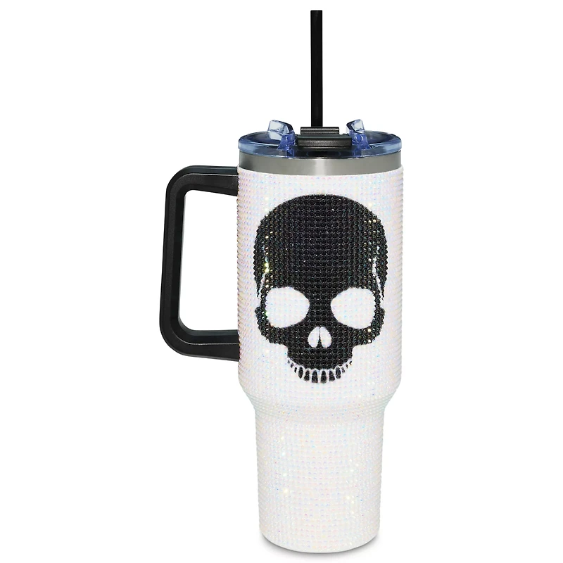 White and Black Rhinestone Skull Travel Tumbler with Straw - 40 oz.