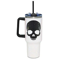 White and Black Rhinestone Skull Travel Tumbler with Straw - 40 oz.