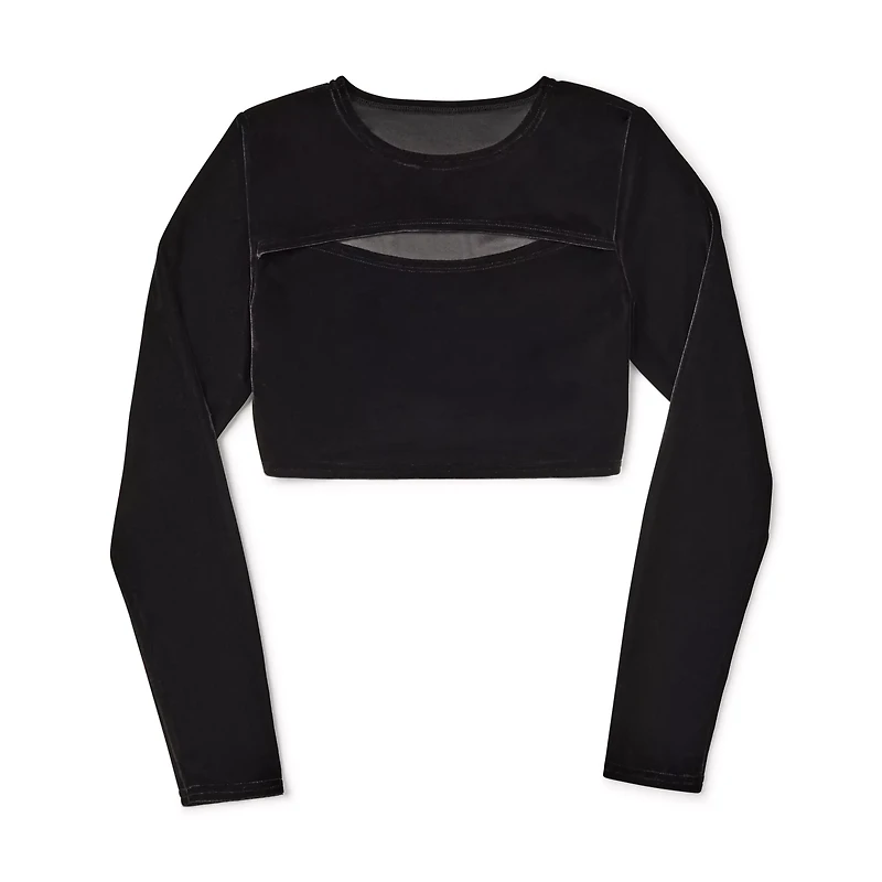 Long Sleeve Black Velvet Cutout Crop Top