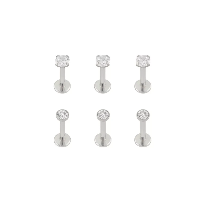 Multi-Pack CZ Silvertone Prong and Bezel Set Labret Lip Rings 6 Pack - 16 Gauge