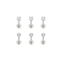 Multi-Pack CZ Silvertone Prong and Bezel Set Labret Lip Rings 6 Pack - 16 Gauge