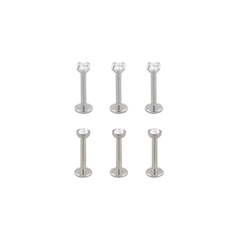 Multi-Pack CZ Silvertone Prong and Bezel Set Labret Lip Rings 6 Pack - 16 Gauge