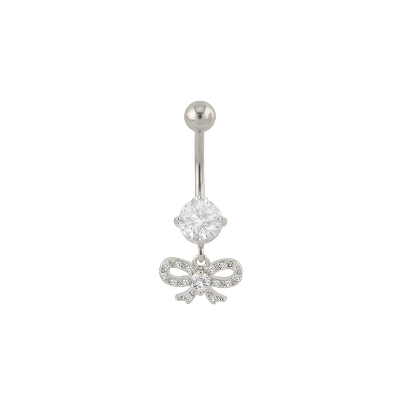 CZ Prong Bow Silvertone Dangle Belly Ring - 14 Gauge