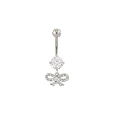CZ Prong Bow Silvertone Dangle Belly Ring - 14 Gauge