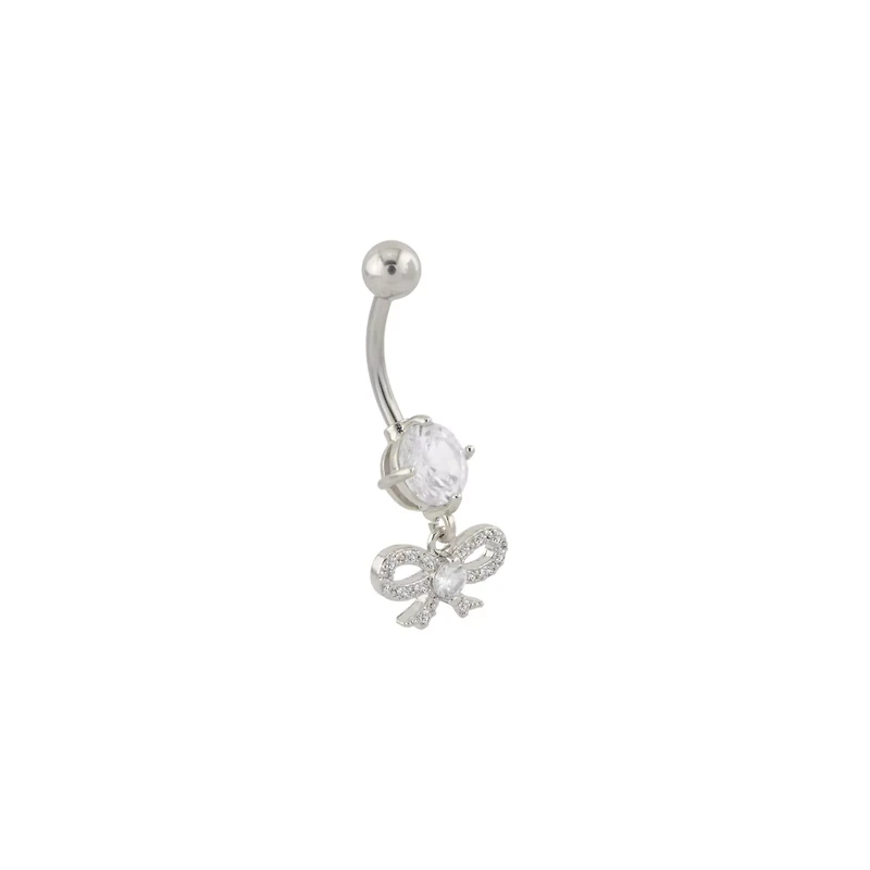 CZ Prong Bow Silvertone Dangle Belly Ring - 14 Gauge