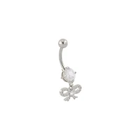 CZ Prong Bow Silvertone Dangle Belly Ring - 14 Gauge