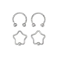 Multi-Pack CZ Star Captive Hoop and Horseshoe Rings 4 Pack - 16 Gauge
