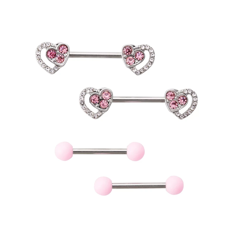 Multi-Pack CZ Pink Heart Nipple Barbells 4 Pack - 14 Gauge
