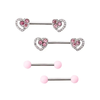 Multi-Pack CZ Pink Heart Nipple Barbells 4 Pack - 14 Gauge