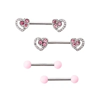 Multi-Pack CZ Pink Heart Nipple Barbells 4 Pack - 14 Gauge