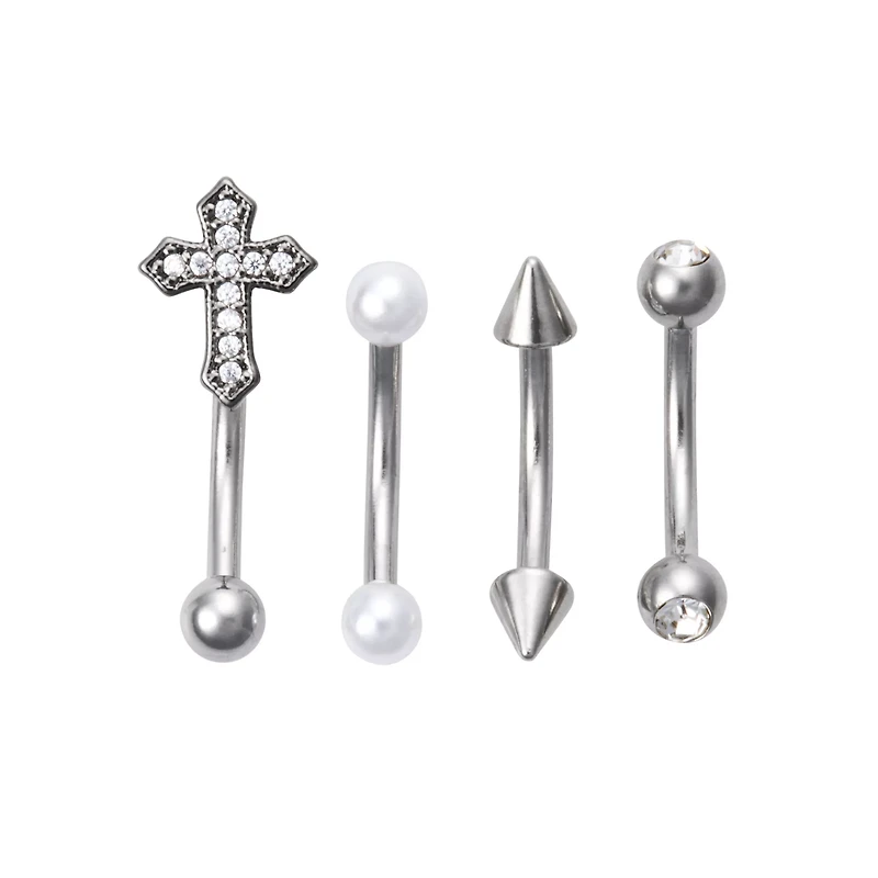 Multi-Pack CZ Cross and Faux Pearl Curved Barbells 4 Pack - 16 Gauge