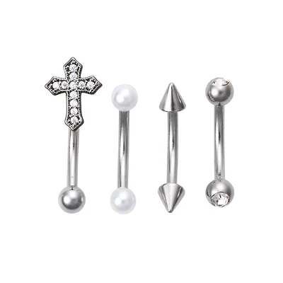 Multi-Pack CZ Cross and Faux Pearl Curved Barbells 4 Pack - 16 Gauge