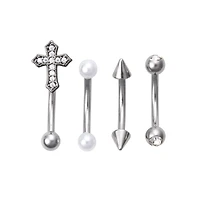 Multi-Pack CZ Cross and Faux Pearl Curved Barbells 4 Pack - 16 Gauge