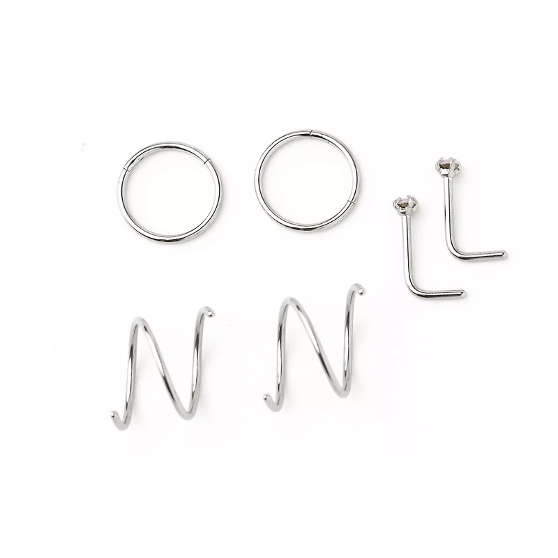 Multi-Pack CZ Pink L-Bend and Spiral Hoop Nose Rings 6 Pack - 20 Gauge