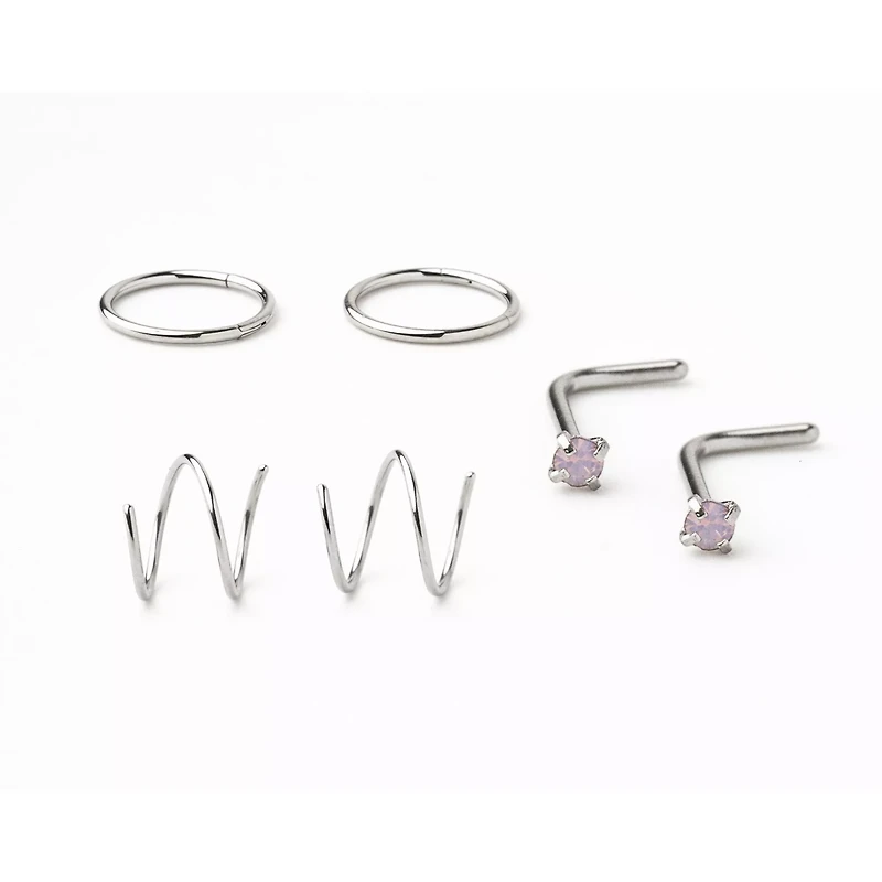 Multi-Pack CZ Pink L-Bend and Spiral Hoop Nose Rings 6 Pack - 20 Gauge