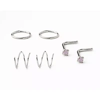 Multi-Pack CZ Pink L-Bend and Spiral Hoop Nose Rings 6 Pack - 20 Gauge