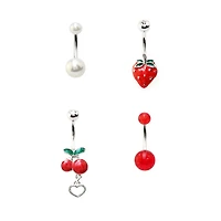 Multi-Pack CZ Dangle Fruit Belly Ring 4 Pack - 14 Gauge