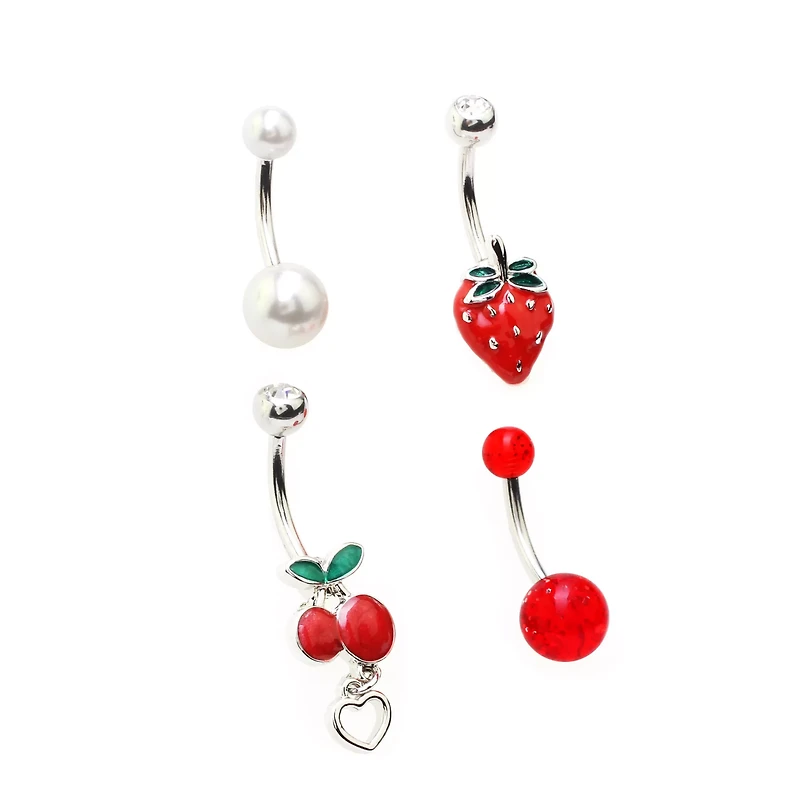 Multi-Pack CZ Dangle Fruit Belly Ring 4 Pack - 14 Gauge