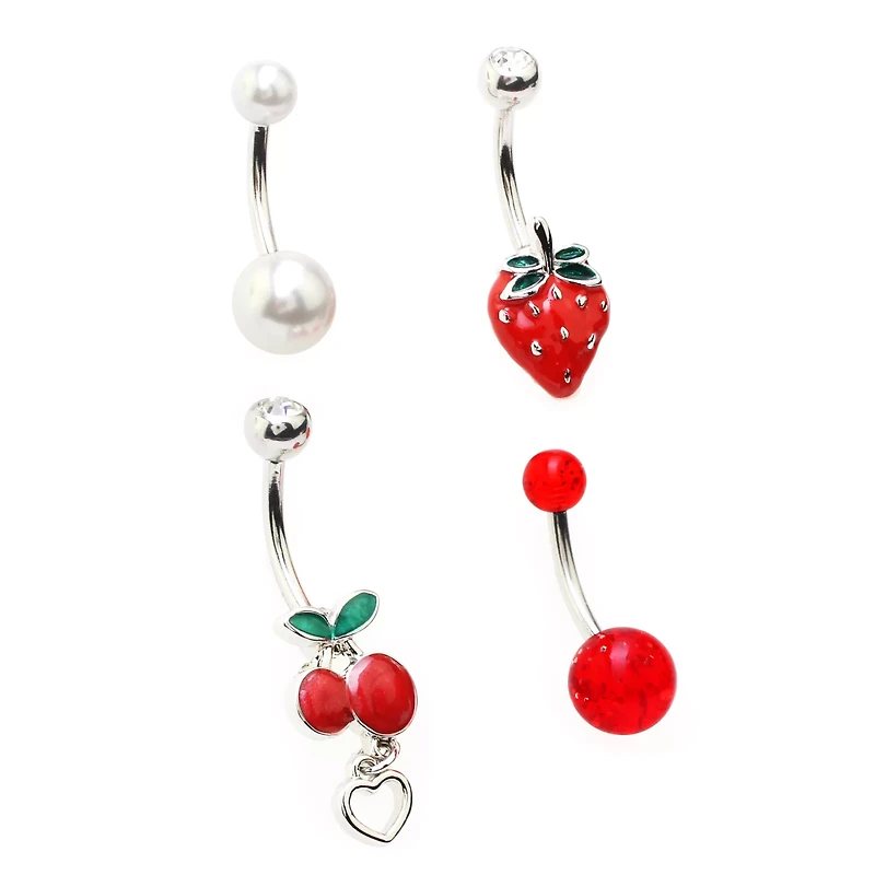 Multi-Pack CZ Dangle Fruit Belly Ring 4 Pack - 14 Gauge