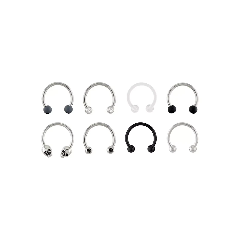Multi-Pack Black CZ Skull Horseshoe Rings 8 Pack - 16 Gauge